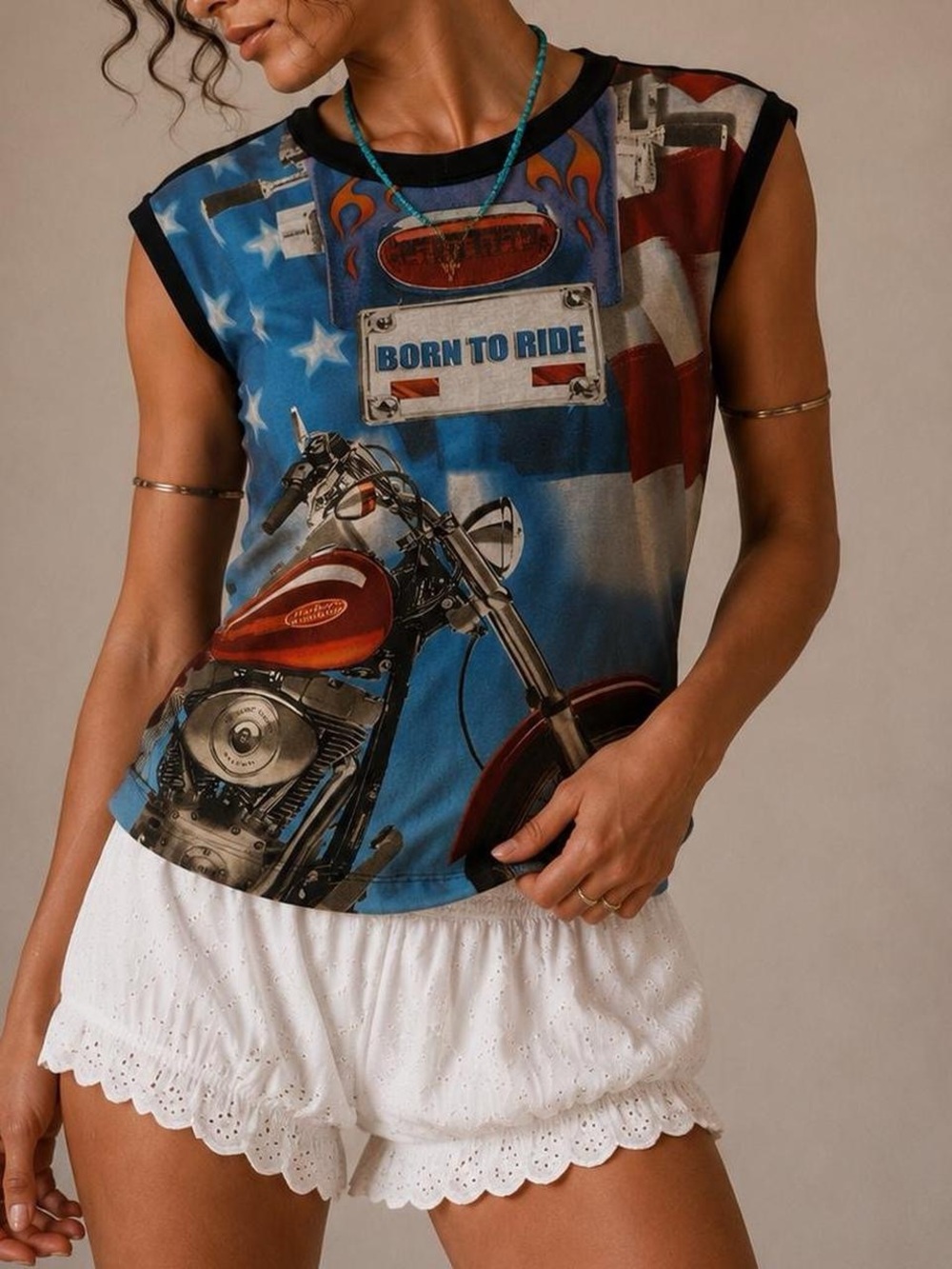 Vintage Y2K Harley-Davidson Blue and Red Born to Ride Graphic Tank